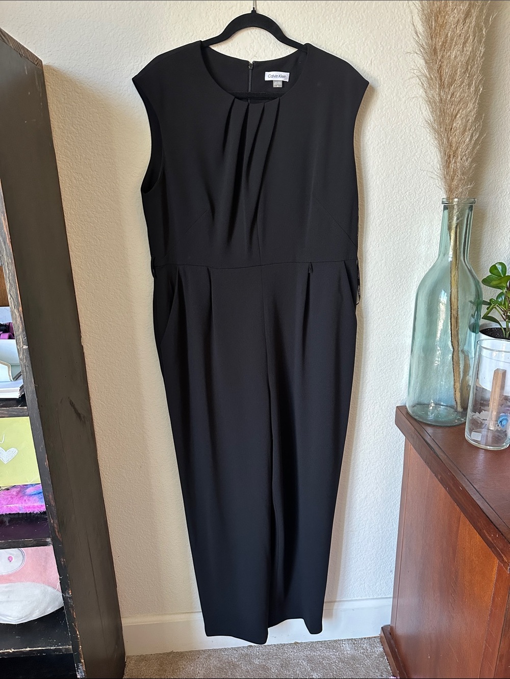 Calvin Klein Black Sleeveless Jumpsuit with Pleated Front- MISSING WAIST TIE